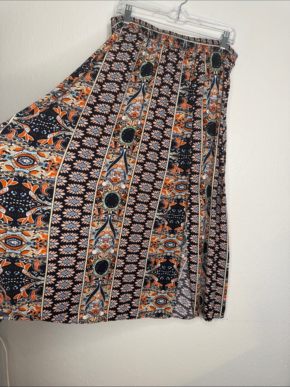 Bohemian Floral Panel Midi Skirt - Black & Orange